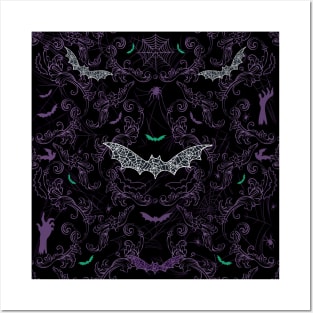 Purple Spiderweb Bat Pattern Posters and Art